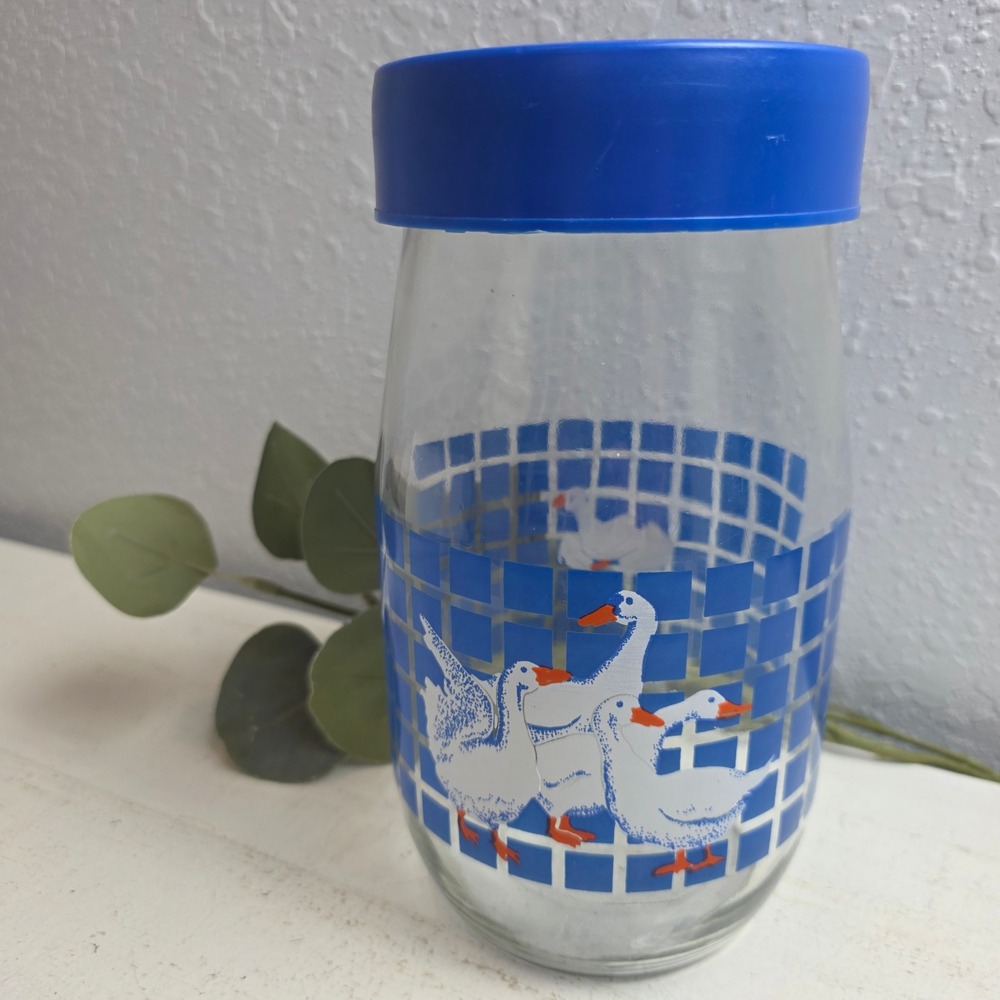 Vintage 80s Carlton Glass Goose Clear Jar Blue Lid 2L Canister Country Storage